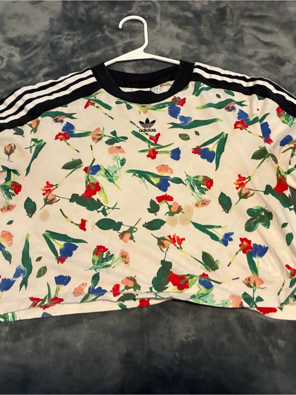 adidas White Floral Short-Sleeve Tee with Black Trim